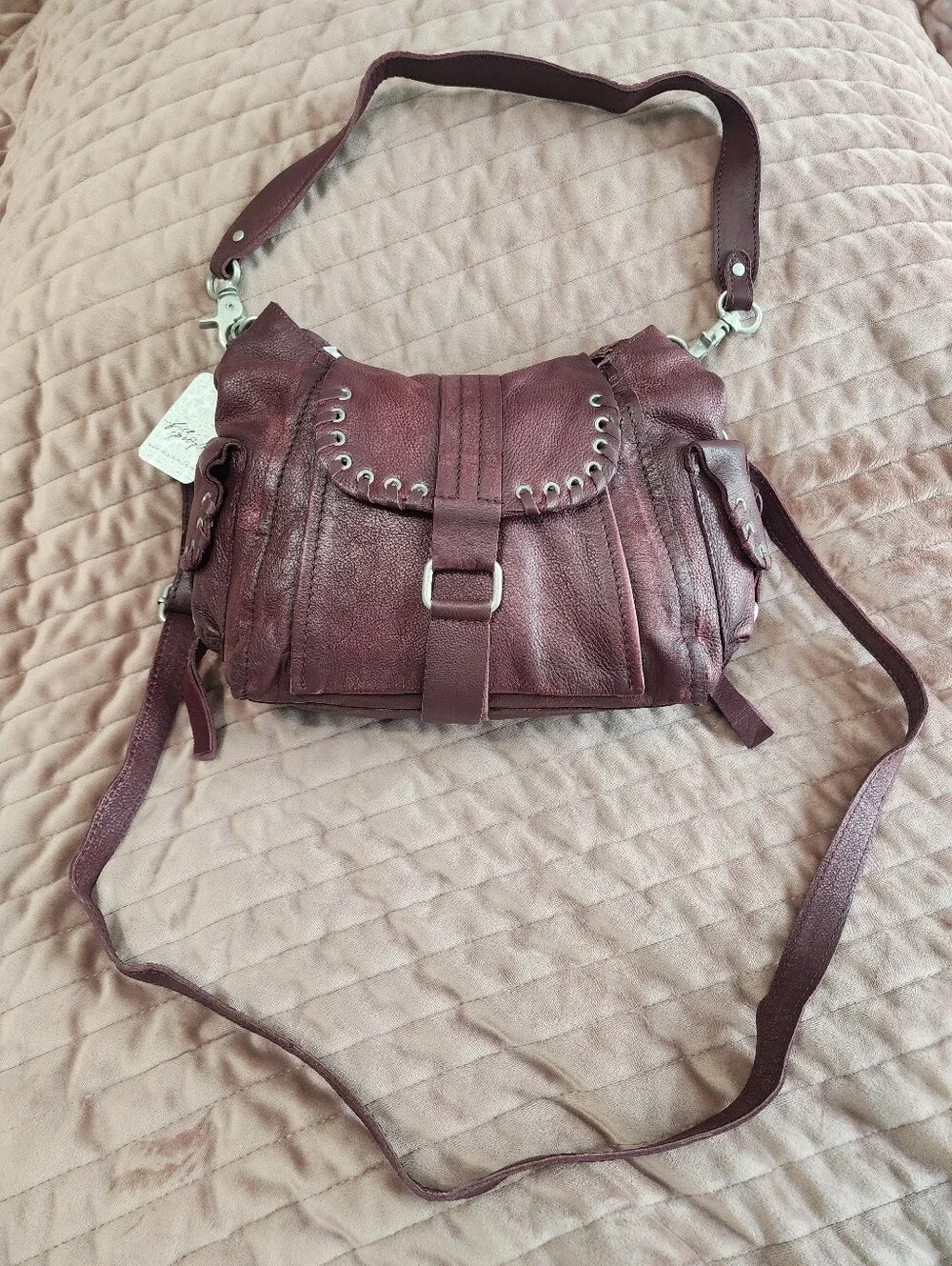 Free People We The Free 'Baby Leigh' Distressed Tote Bag - Blackberry